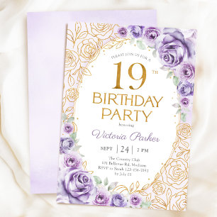 Invitation Fleurs 19e Anniversaire Lilas Violet Or