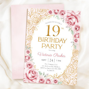 Invitation Fleurs 19e Anniversaire Rose Pâle Or