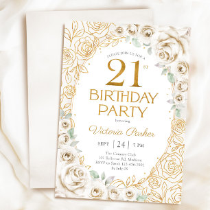 Invitation Fleurs 21e Anniversaire Crème Or