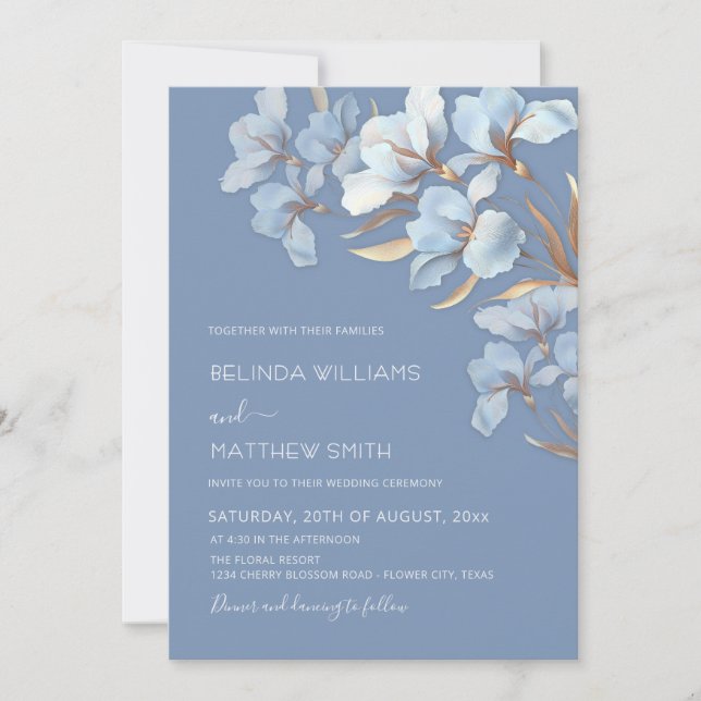 Invitation Fleurs 3D Bleu Or  (Devant)