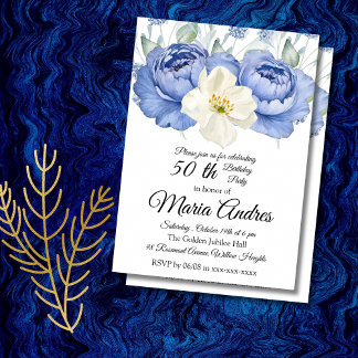 Invitation Fleurs 50e Anniversaire Élégant Aquarelle blanc bl