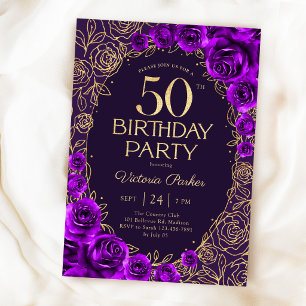 Invitation Fleurs 50e Anniversaire Violet Or