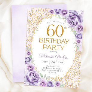Invitation Fleurs 60 ans Anniversaire Lilas Violet Or