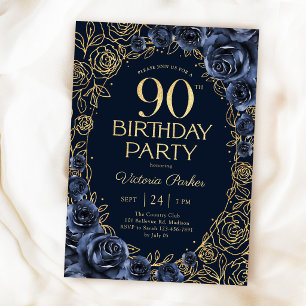 Invitation Fleurs 90e Anniversaire Bleu Nuit Or