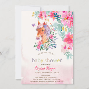 Invitation Fleurs à l'aquarelle Fête de naissance Poney Cheva