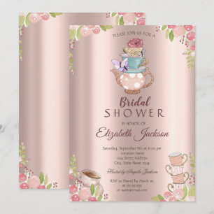 Invitation Fleurs à l'aquarelle Théière Rose Gold Shower de m