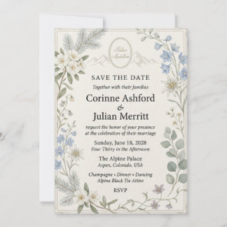 Invitation Fleurs alpines, Edelweiss, Delphinium bleu, Pin B