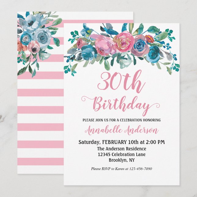 Invitation Fleurs Anniversaire Bleu Rose Aquarelle Rustique M (Devant / Derrière)