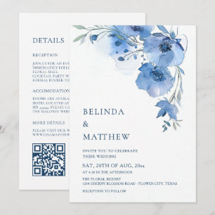 Invitation Fleurs aquarelle bleues Arche blanche