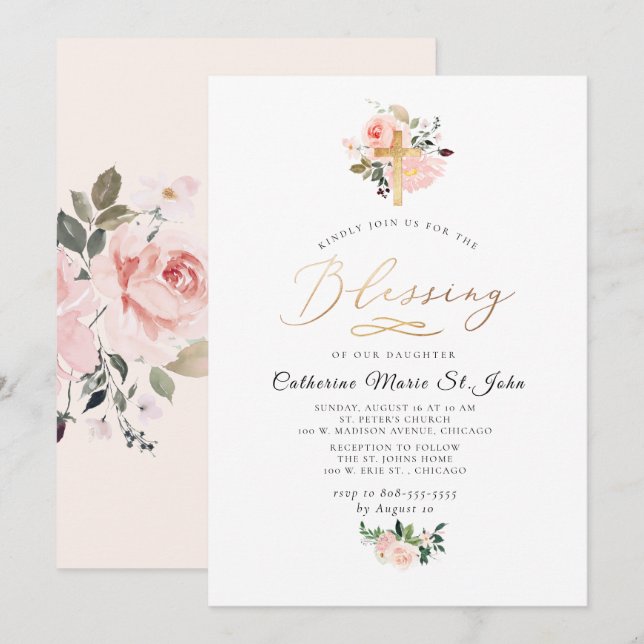 Invitation Fleurs Aquarelle Blush Faux Dorure Bénédiction (Devant / Derrière)