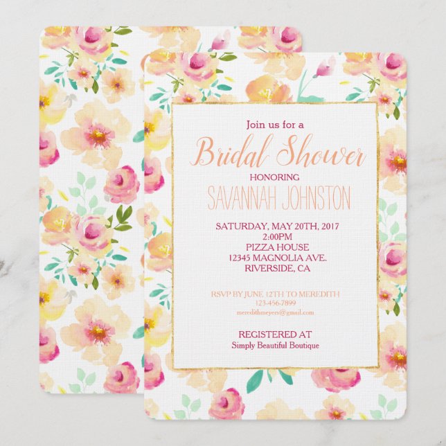 Invitation Fleurs Aquarelle Jaune Jolie Rose (Devant / Derrière)