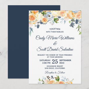 Invitation Fleurs Aquarelle Moderne Corail Bleu Marine Mariag