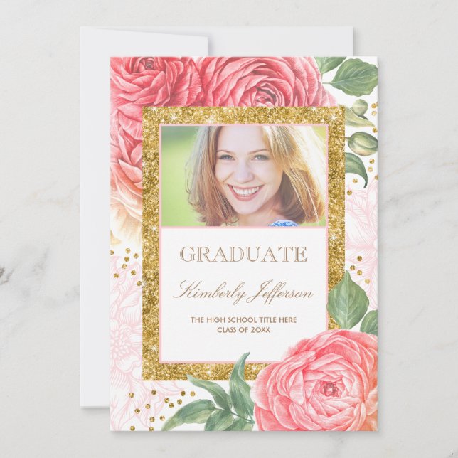 Invitation Fleurs Aquarelle Or et rose Photo Graduation (Devant)