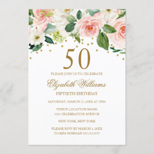 Invitation Fleurs Aquarelle Or Rose 50e Anniversaire
