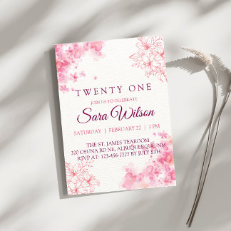 Invitation Fleurs Aquarelle Rose Anniversaire Vingt-et-un Ans