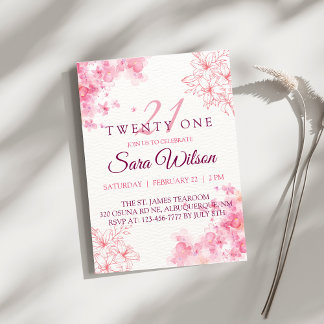 Invitation Fleurs Aquarelle Rose Anniversaire Vingt-et-un Ans