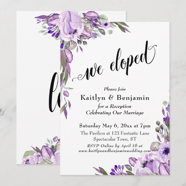 Invitation Fleurs Aquarelle Violette Nous Nous Sommes Mariés  (Devant / Derrière)