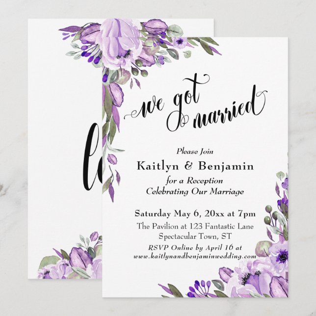 Invitation Fleurs Aquarelle Violette Nous nous sommes mariés  (Devant / Derrière)