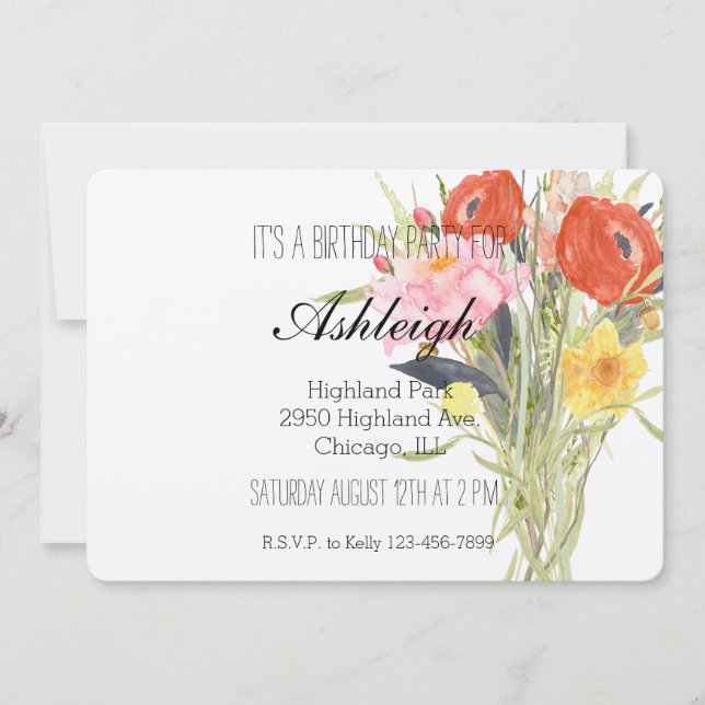 Invitation Fleurs aquarelles anniversaire (Devant)