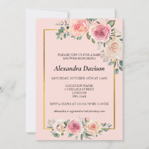 Invitation Fleurs aquarelles avec cadre Rose Baby Shower