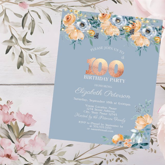 Invitation Fleurs aquarelles bleu Dusty 100e anniversaire (Créateur téléchargé)