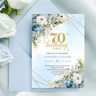 Invitation Fleurs aquarelles bleu poussiéreux raffinées 70e a