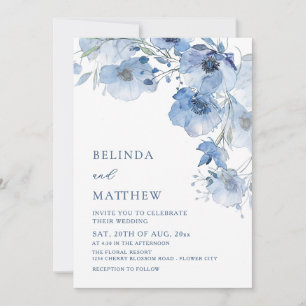 Invitation Fleurs aquarelles bleues mariage casual