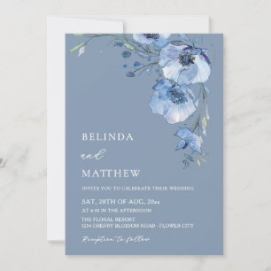 Invitation Fleurs aquarelles bleues mariage casual