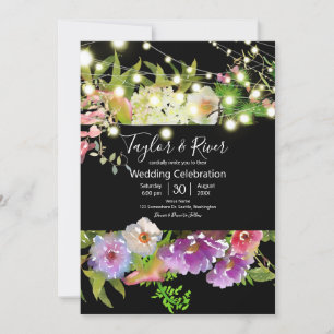 Invitation Fleurs aquarelles de l'été avec guirlandes lumineu
