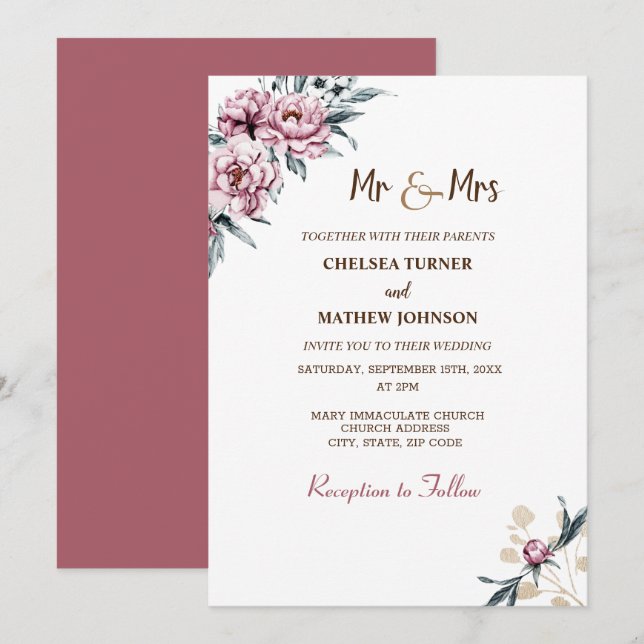 Invitation Fleurs aquarelles élégantes pivoines (Devant / Derrière)
