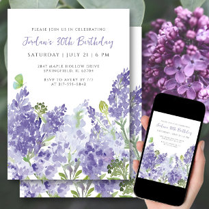 Invitation Fleurs aquarelles élégantes pour 30 ans - Lilas