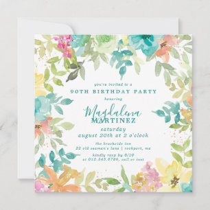 Invitation Fleurs aquarelles estivales carré 90e anniversaire