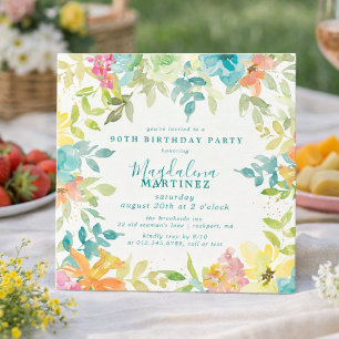 Invitation Fleurs aquarelles estivales carré 90e anniversaire