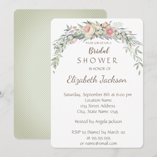 Invitation Fleurs aquarelles, Fête des mariées Pois (Devant / Derrière)