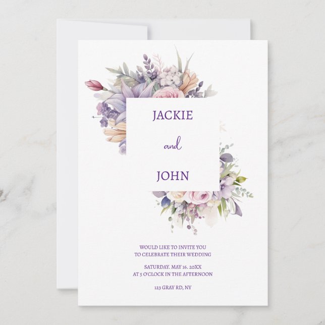 Invitation Fleurs aquarelles. Mariage. (Devant)