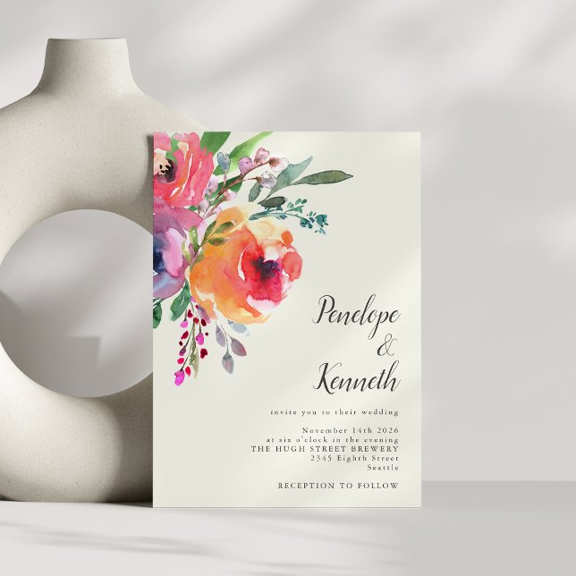 Invitation Fleurs aquarelles Moderne Élégant Mariage Script (Créateur téléchargé)