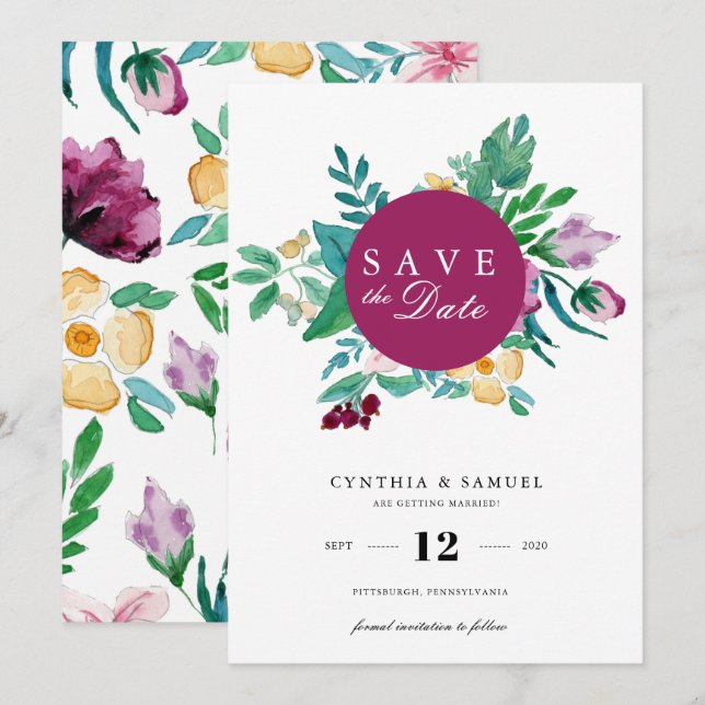 Invitation Fleurs Aquarelles Modernes Enregistrez la Date (Devant / Derrière)