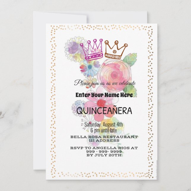 Invitation Fleurs aquarelles QUINCEAÑERA (Devant)