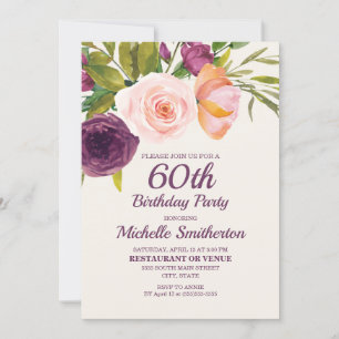 Invitation Fleurs aquarelles rose et violet pour 60 ans