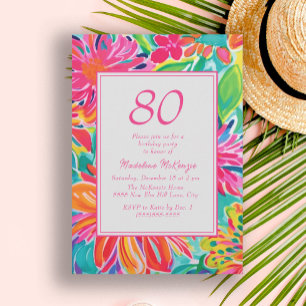 Invitation Fleurs aquarelles rose orange chaud 80e anniversai