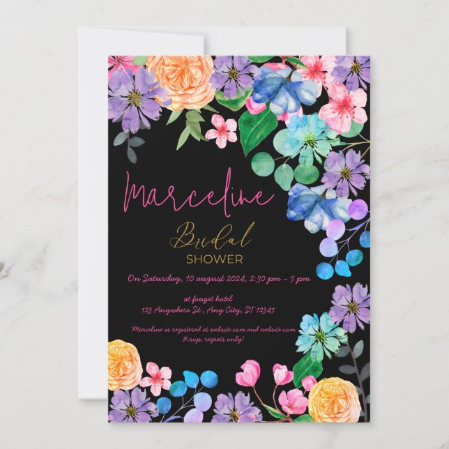 Invitation Fleurs aquarelles rose vif gras mariage (Devant)