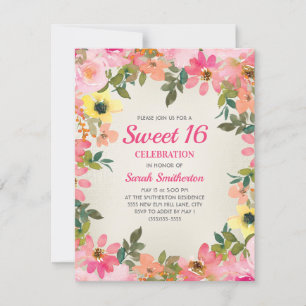 Invitation Fleurs aquarelles roses et jaunes Sweet 16