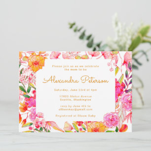 Invitation Fleurs aquarelles roses et orange Baby Shower