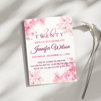Invitation Fleurs aquarelles roses pour 20e anniversaire