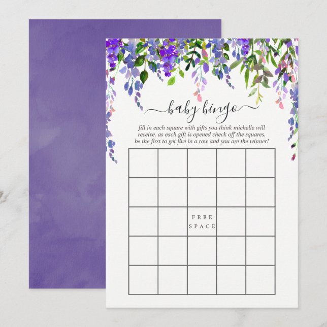Invitation Fleurs aquarelles ultra violettes pour bébé Bingo (Devant / Derrière)