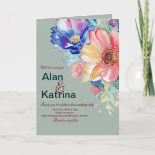 Invitation Fleurs audacieuses Eucalyptus Vert Mariage Plié