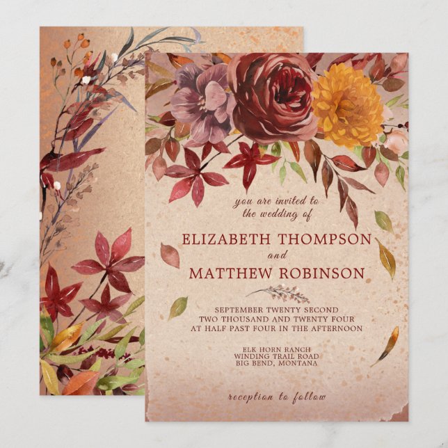 Invitation Fleurs Automnales Rustiques Bourgeon de Bourgogne  (Devant / Derrière)
