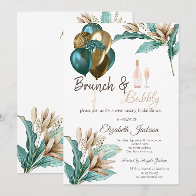 Invitation Fleurs Ballons Brunch & Fête des mariées Bubbly (Devant / Derrière)
