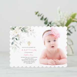Invitation Fleurs blanches Airy Feuilles Photo Girl Gold Bapt