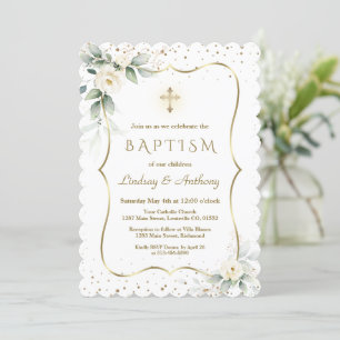 Invitation Fleurs blanches Airy Gold Cross Twins Baptême